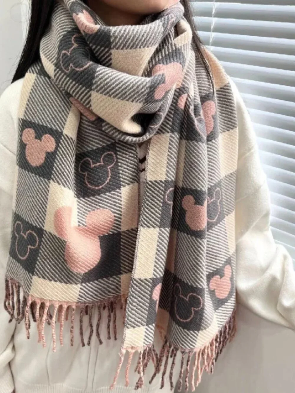 Disney Mickey Mouse Checkered Fringe Scarf Character Motif  Pink & Gray